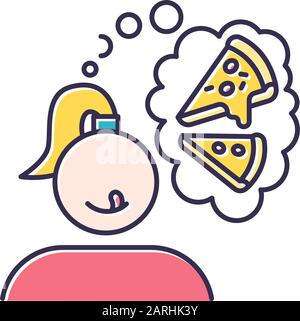 Icona del colore della pizza desiderata. Donna che pensa di fast food. Trattamento non sano. Appetito per la cucina italiana. La ragazza vuole uno spuntino. Margherita e Pepe. Thoug Illustrazione Vettoriale