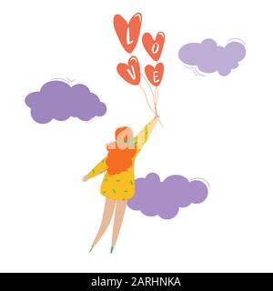 Cute ragazza vola su palloncini sullo sfondo delle nuvole. Iscrizione amore. Cuore a forma di palloncini. Bella carta, invito, design. Illustrazione Vettoriale