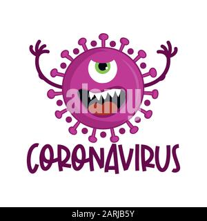 Stop coronavirus (2019-ncov) - cute virus o batterio disegnato a mano - Frase scritta Di Consapevolezza. Coronavirus in Cina. Nuovo coronavirus (2019-nCoV). C Illustrazione Vettoriale