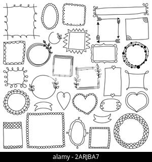 Set di cornici graziose in stile doodle. Illustrazione creativa vettoriale di cornici, cuori su sfondo bianco isolato. Grande set di isolano disegnato a mano Illustrazione Vettoriale