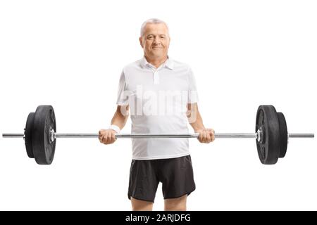 Uomo attivo maturo che solleva un barbell isolato su sfondo bianco Foto Stock