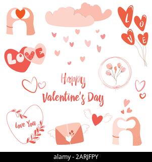Set di elementi per il design per San Valentino. Lettera con ali, cuori su un perno, pioggia dai cuori da una nuvola, mani di amanti con cuori, amore, Illustrazione Vettoriale