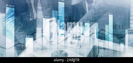 Financial stock trading grafico schema grafico della finanza aziendale concetto doppia esposizione dei supporti misti Foto Stock