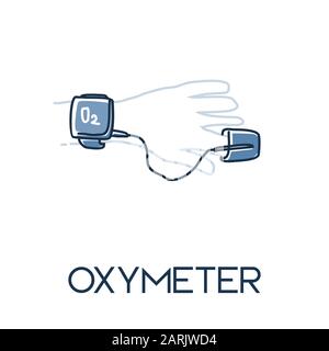 Pulsossimetro minimalista out line disegnato a mano immagine icona piatto medic Illustrazione Vettoriale