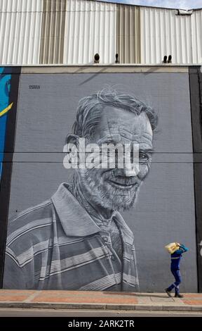 Le fabbriche nella zona industriale di Puente de Aranda, Bogata, Columbia concordano con gli artisti per dipingere murales sulle loro pareti. Foto Stock