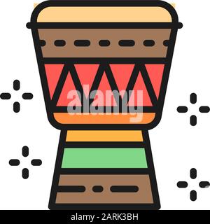 Icona della linea di colore piatto del tamburo Djembe africano. Isolato su sfondo bianco Illustrazione Vettoriale
