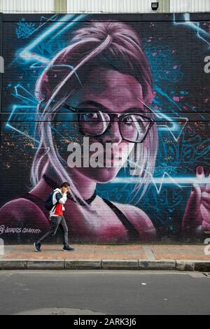 Le fabbriche nella zona industriale di Puente de Aranda, Bogata, Columbia concordano con gli artisti per dipingere murales sulle loro pareti. Foto Stock