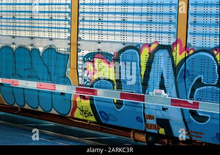 Primo piano di graffiti sulla macchina ferroviaria che trasporta nuovi veicoli dal Messico a Nogales, Arizona, Stati Uniti Foto Stock