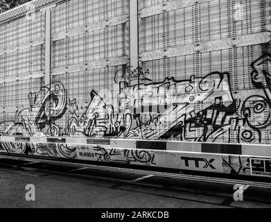 Primo piano di graffiti sulla macchina ferroviaria che trasporta nuovi veicoli dal Messico a Nogales, AZ, USA, in bianco e nero Foto Stock