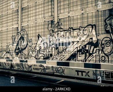 Primo piano di graffiti sulla macchina ferroviaria che trasporta nuovi veicoli dal Messico a Nogales, Arizona, Stati Uniti, in tonalità seppia Foto Stock