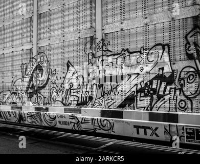 Primo piano di graffiti sulla macchina ferroviaria che trasporta nuovi veicoli dal Messico a Nogales, AZ, USA, in bianco e nero Foto Stock