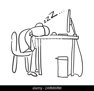 Veloce uomo d'affari senza volto disegnato a mano stanco e dormire sulla scrivania del computer. Contorni neri e bianchi. Illustrazione Vettoriale