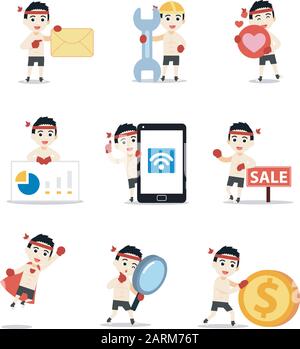 Set di uomini di carattere muay Thai in boxing coaching. Illustrazione Vettoriale