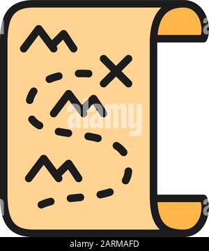 Mappa dei pirati, posizione del tesoro con l'icona della linea di colore della croce piatta. Illustrazione Vettoriale