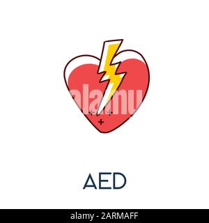 Defibrillatore automatico esterno (AED) cuore con scossa elettrica minimalista out line disegno a mano icona medic piatto Illustrazione Vettoriale