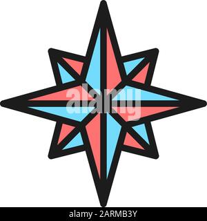 Icona della linea di colore piatto di navigazione, bussola e rosa dei venti. Illustrazione Vettoriale