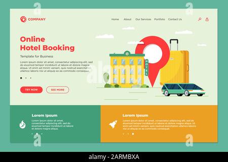 Servizio online di prenotazione hotel e car sharing per il turismo vacanze modello di landing page. Viaggi appartamento di trasporto prenotazione web design. Valigia per i bagagli del motel e illustrazione del vettore della posizione Illustrazione Vettoriale