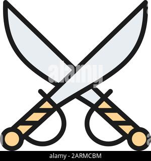 Saber pirata incrociati, spade, arma piatto linea colore icona. Illustrazione Vettoriale