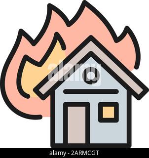 Casa bruciante, assicurazione antincendio piatto linea colore icona. Illustrazione Vettoriale