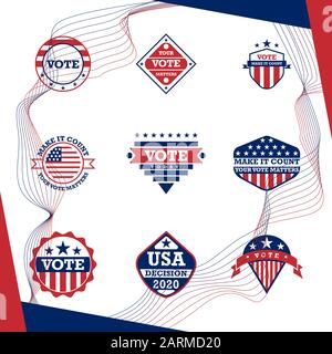 2020 Stati Uniti d'America Presidential Elezioni Button Design, badge ed etichette di voto. Illustrazione Vettoriale