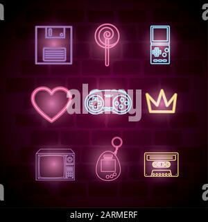 imposta le icone della luce al neon Illustrazione Vettoriale