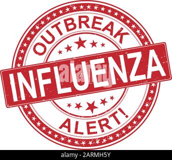 sigilla in gomma circolare con il testo focolaio di allarme influenza. timbro in gomma influenza, etichetta, badge, logo, sigillo Illustrazione Vettoriale