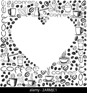 Le icone del caffè si presentano sullo sfondo con una forma del cuore vuota all'interno. Disegno a mano disegno modello di doodles sketchy. Illustrazione del vettore eps8. Illustrazione Vettoriale