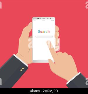 Smartphone con mano d'affari e finestra del browser di ricerca sullo schermo isolato sullo sfondo. Illustrazione del vettore piatto Illustrazione Vettoriale