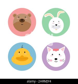 Animali animale animale animale domestico cerchio icona logo etichetta adesiva set con orso, coniglio, anatra e gatto. Vettore piatto illustrazione cartone animato personaggio design isolato. Illustrazione Vettoriale