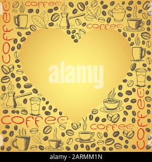 Il caffè presenta uno sfondo con una forma a cuore vuota. Schema di simboli disegnati a mano. Illustrazione del vettore eps8. Illustrazione Vettoriale