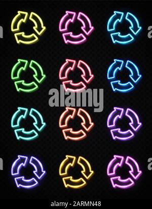 Gruppo di icone del cerchio delle frecce. 3d colore neon segni su sfondo scuro trasparente. Simbolo del loop di rotazione ricarica refresh incandescente. Tecnologia delle lampade elettriche Illustrazione Vettoriale