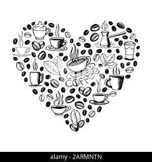 Forma del cuore riempita da doodles di caffè disegnato a mano isolato su sfondo bianco. Tazza da caffè, cezve, fagioli, foglie e scritte. Vettore e Illustrazione Vettoriale