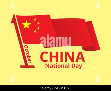 China National Day Design per biglietto d'auguri. Fluttering bandiera cinese su flagpole come data del primo ottobre. Concetto del giorno di indipendenza. Vettore eps8 ILL Illustrazione Vettoriale