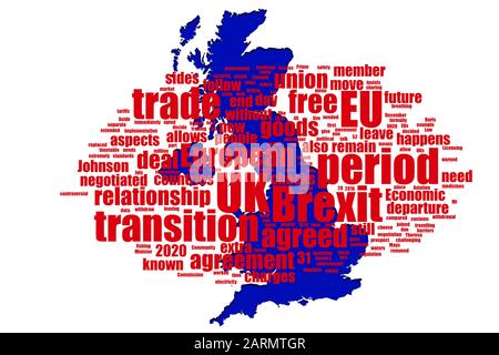 Il concetto britannico di Brexit in una nuvola di tag word su una mappa britannica blu su sfondo bianco. Parole in rosso. Foto Stock
