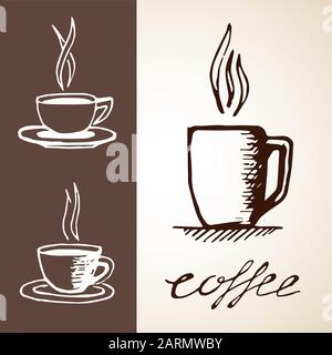 Set di schizzi di caffè. Raccolta di immagini disegnate a mano con tazze, tazze e scritte. Può essere utilizzato per la progettazione di menu, banner, web, ecc. Vector eps8 illust Illustrazione Vettoriale