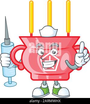 Smiley Nurse cinese rosso incenso personaggio cartone animato con una siringa Illustrazione Vettoriale