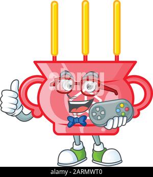 Smiley gamer cinese incenso rosso cartone animato stile mascotte Illustrazione Vettoriale