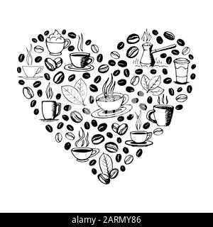 Forma del cuore riempita da tagliatelle di caffè disegnate a mano isolate su sfondo bianco. Simboli della tazza di caffè, cezve, fagioli e foglie. Vettore di schizzo eps8 Illustrazione Vettoriale