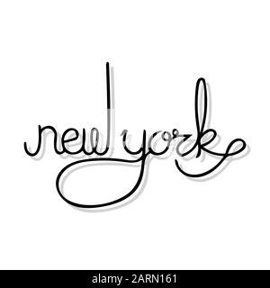 Nome scritto a mano dello stato di New York. Lettere a mano in colore nero e ombra grigia su sfondo bianco. Illustrazione Vettoriale