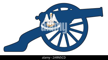 Tipica pistola americana per cannoni da guerra civile con bandiera dello stato della Louisiana isolata su sfondo bianco Illustrazione Vettoriale