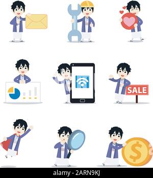 Set di kimono uomo carattere indossando speciale kimono design per cerimonia nuziale. Illustrazione Vettoriale