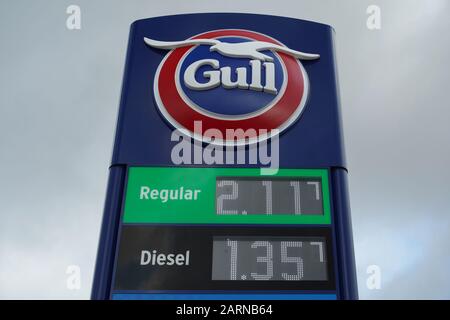 Blue Gull benzina stazione segno pompe a benzina a Kumeu, Auckland, Nuova Zelanda cielo dietro. Foto Stock