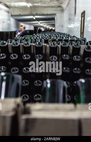 Rastrelliere con bottiglie di vino durante il processo di produzione riddling nella famosa cantina Cricova nella città di Cricova vicino a Chisinau, capitale della Moldavia Foto Stock