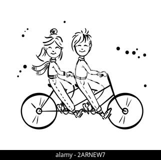 Biciclette Tandem vecchia coppia riding sani e persone di età schizzo vettore isolato su bianco Illustrazione Vettoriale