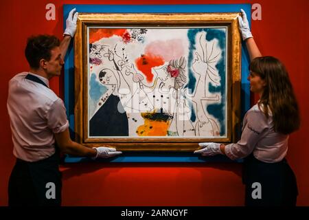 Sothebys, Londra, Regno Unito. 29th gennaio 2020. Joan Miró, Groupe de personnages (1938), est £3-5m - Sotheby's prevede le sue vendite di arte impressionista, Moderna e surrealista che si svolgono su 4th e 5th Febbraio 2020 a Londra. Credito: Guy Bell/Alamy Live News Foto Stock