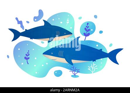 Due squali in mare. Pesce oceano. Fauna marina subacquea. Illustrazione del vettore. Illustrazione Vettoriale