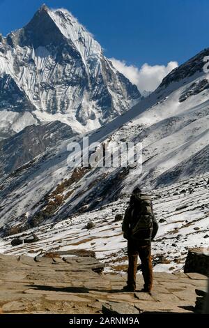 Trekkers alla catena montuosa di Annapurna in Nepal Foto Stock