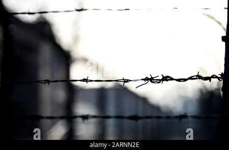 Oswiecim, Polonia. 27th Gen 2020. Recinzione a filo spinato al confine della commemorazione del 75th anniversario della liberazione del campo di concentramento tedesco Auschwitz. Credito: Britta Pedersen/dpa-Zentralbild/ZB/dpa/Alamy Live News Foto Stock