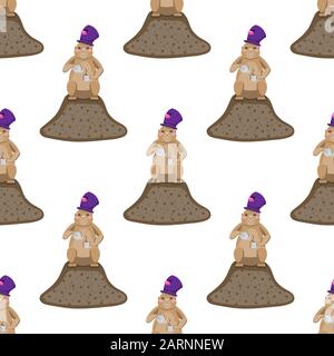 Modello senza cuciture Groundhog in un cilindro versa il tè da una teiera in una tazza seduta a terra su sfondo bianco. Immagine vettoriale. Cartone Animato Illustrazione Vettoriale