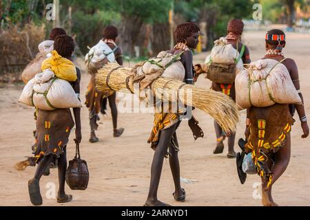 Popolo tribale Hamer che attraversa la strada nel villaggio di Dimeka, valle del fiume Omo, Etiopia Foto Stock